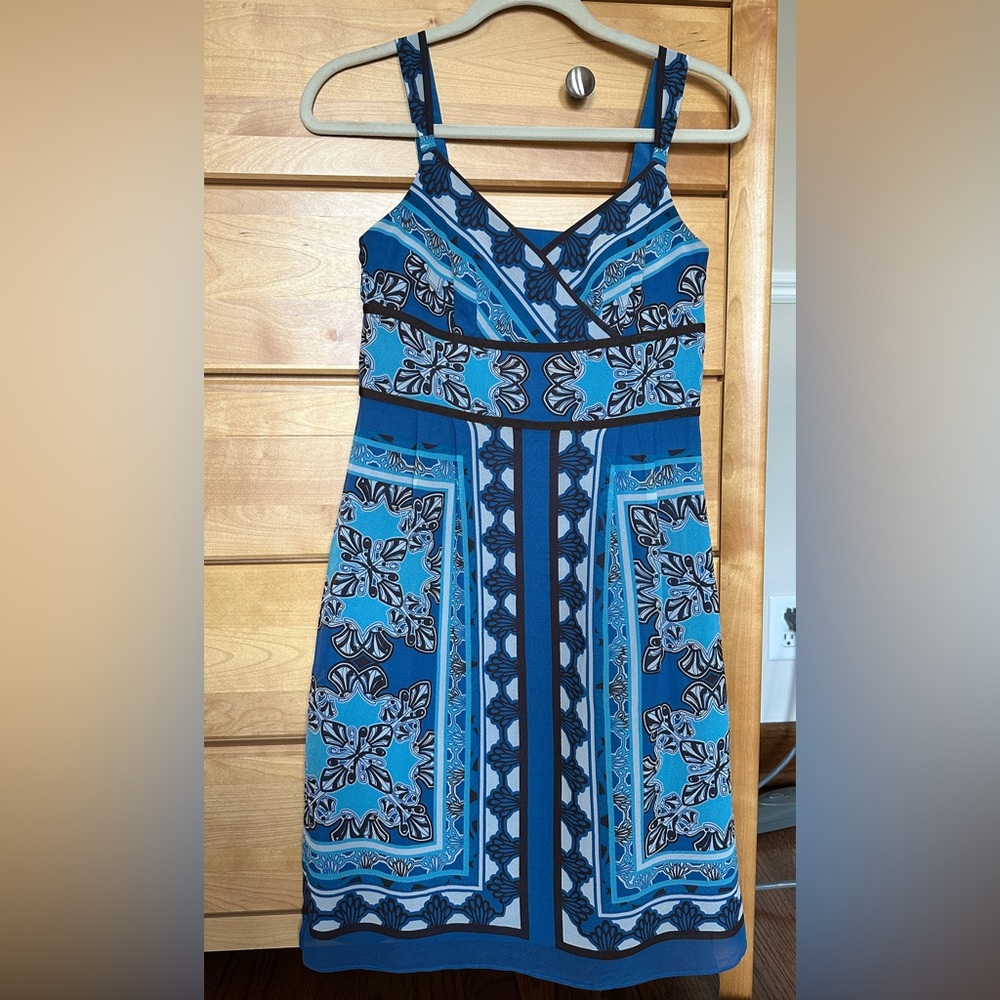 Ann Taylor Silk Blue Patterned Strap Midi Dress
